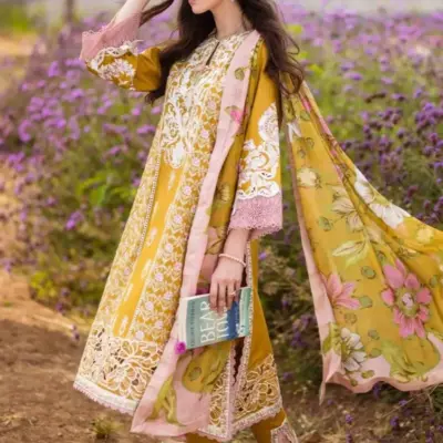 MUSHQ 3-Pcs Women’s Unstitched Embroidered Lawn Suit – Yellow, Includes Dupatta