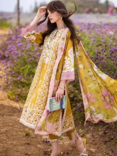 MUSHQ 3-Pcs Women’s Unstitched Embroidered Lawn Suit – Yellow, Includes Dupatta