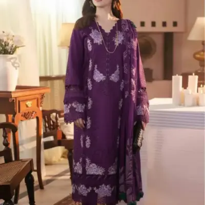 Most Trending Women’s Lawn 3 Pcs Unstitched Embroidered Suit – Purple | Dobby Lawn Dupatta