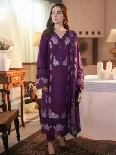 Most Trending Women’s Lawn 3 Pcs Unstitched Embroidered Suit – Purple | Dobby Lawn Dupatta