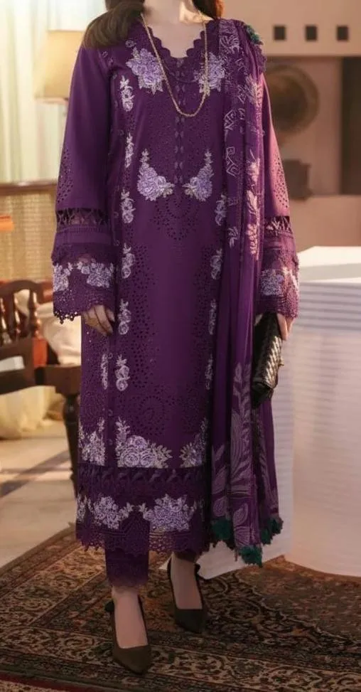 Most Trending Women’s Lawn 3 Pcs Unstitched Embroidered Suit – Purple | Dobby Lawn Dupatta