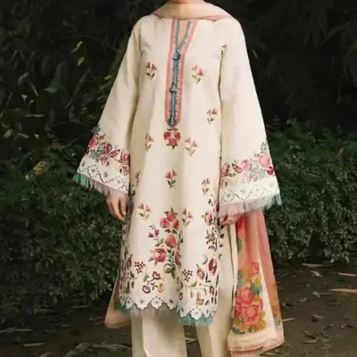 Most Trending Women’s Lawn 3 Pcs Unstitched Embroidered Suit – Off White | Dobby Lawn Dupatta