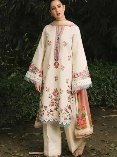 Most Trending Women’s Lawn 3 Pcs Unstitched Embroidered Suit – Off White | Dobby Lawn Dupatta