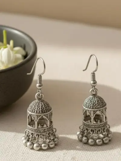 Generic Silver Traditional Jhumka Earrings for Women – Alloy Ethnic Jhumkas, 2-Piece Set (Model KHE-903)
