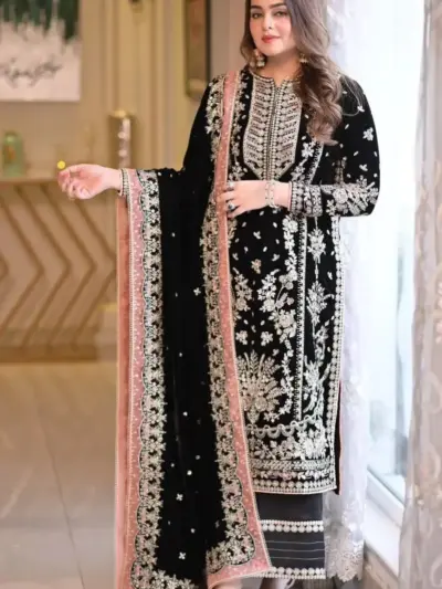 Women’s 3 Pcs Unstitched Embroidered Velvet Suit – Black | Velvet Shirt, Shamoz Silk Trouser & Dupatta