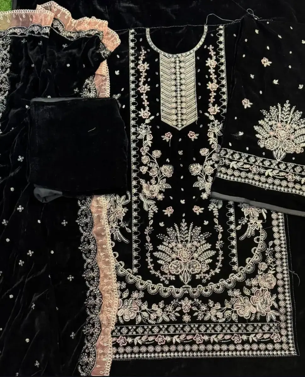 Women’s 3 Pcs Unstitched Embroidered Velvet Suit – Black | Velvet Shirt, Shamoz Silk Trouser & Dupatta