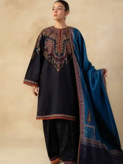 Women’s 3 Pcs Unstitched Embroidered Dhanak Suit with Pashmina Dupatta – Black (Shirt 3M, Trouser 2.25M, Dupatta 2.25M)
