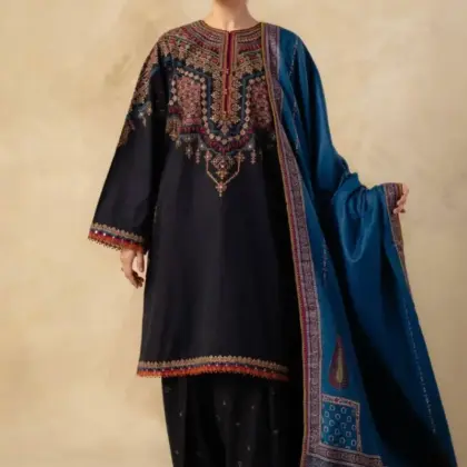 Women’s 3 Pcs Unstitched Embroidered Dhanak Suit with Pashmina Dupatta – Black (Shirt 3M, Trouser 2.25M, Dupatta 2.25M)