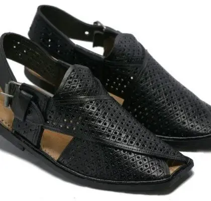 Men’s Leather Peshawari Chappal – Slim Sole Jali Design Black Traditional Footwear