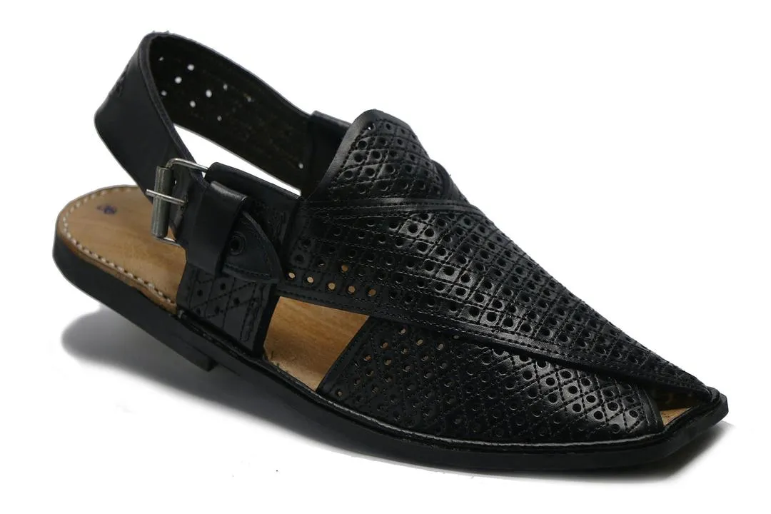 Men’s Leather Peshawari Chappal – Slim Sole Jali Design Black Traditional Footwear