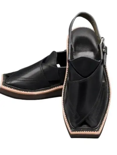 Kaptaan Imran Khan Men’s Leather Peshawari Chappal – Handmade Black Traditional Footwear