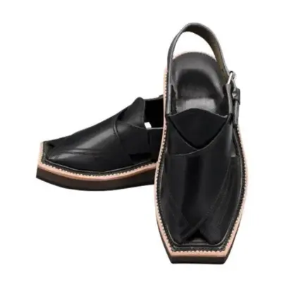 Kaptaan Imran Khan Men’s Leather Peshawari Chappal – Handmade Black Traditional Footwear