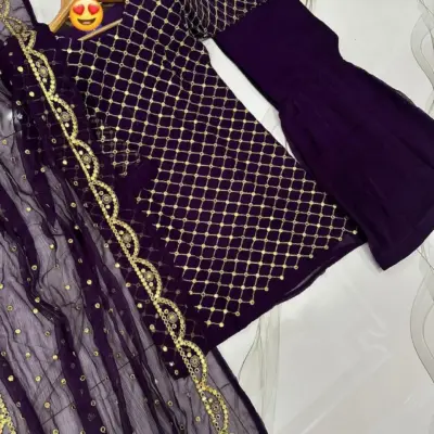 Royal Purple Chiffon Zari & Mirror Work Stitched Gharara Suit – 3 Pcs Festive Wear Set
