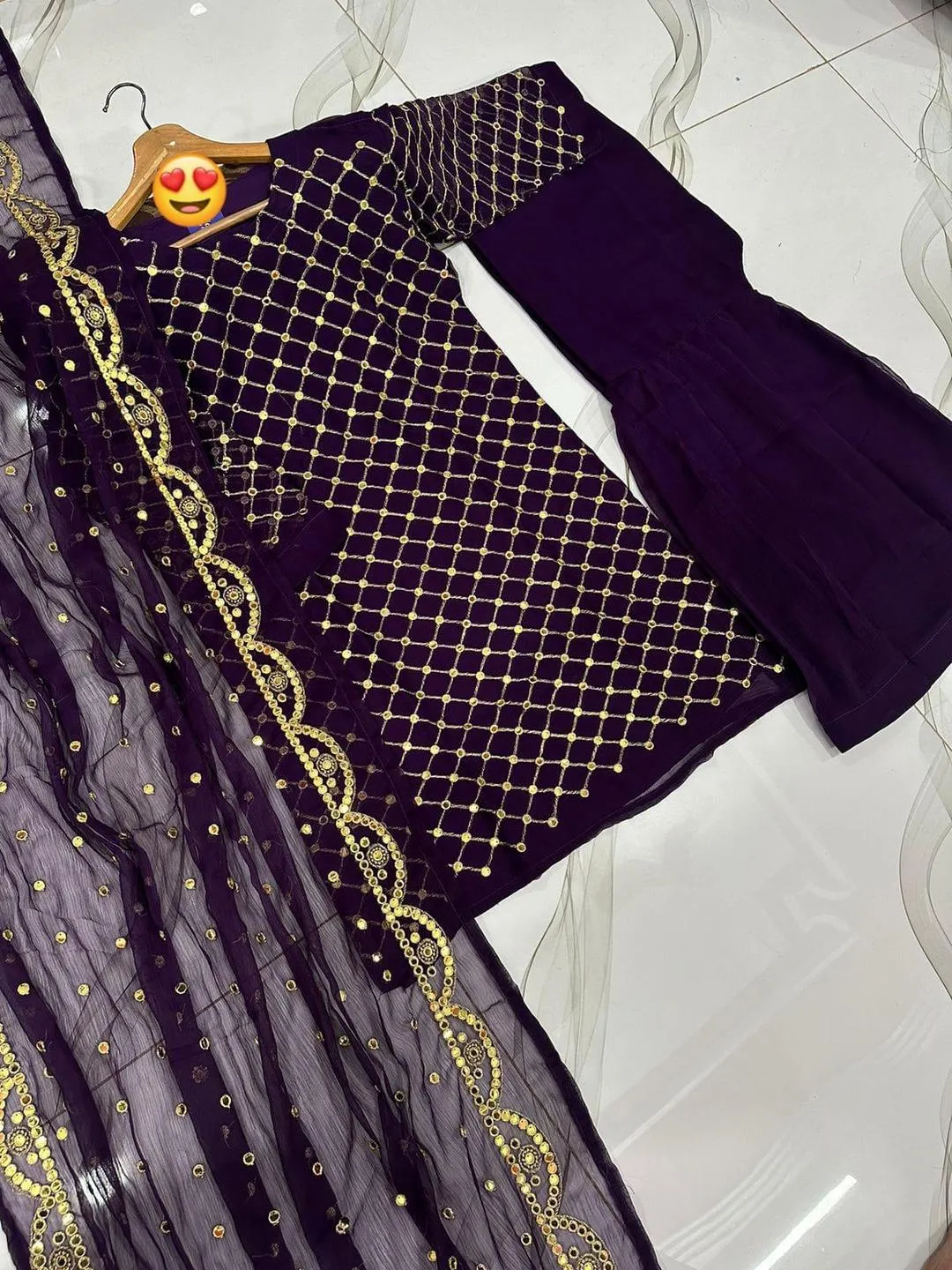 Royal Purple Chiffon Zari & Mirror Work Stitched Gharara Suit – 3 Pcs Festive Wear Set