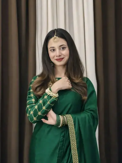 Elegant Green Shamoz Silk Embroidered Stitched Saree with Blouse & Petticoat – 2 Pcs Premium Festive Set