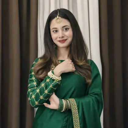 Elegant Green Shamoz Silk Embroidered Stitched Saree with Blouse & Petticoat – 2 Pcs Premium Festive Set