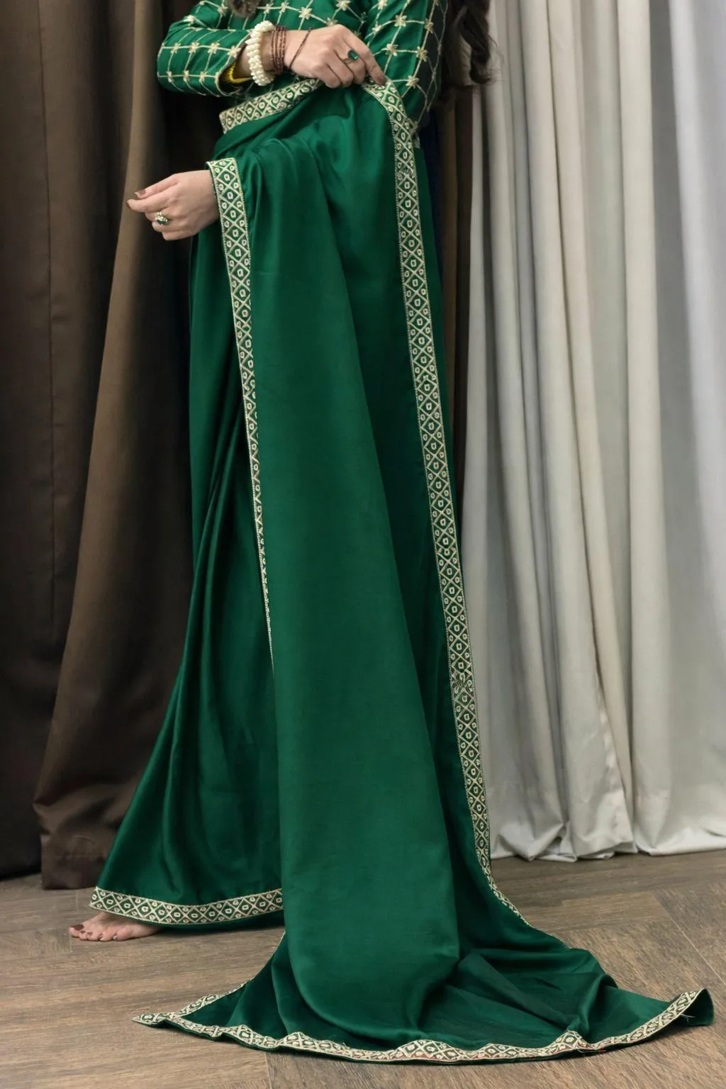 Elegant Green Shamoz Silk Embroidered Stitched Saree with Blouse & Petticoat – 2 Pcs Premium Festive Set