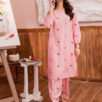 Women’s Pink 2-Piece Unstitched Dhanak Fully Embroidered Suit – Shirt & Trouser (Winter Wear)
