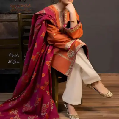 Women’s 3 Pcs Unstitched Orange Embroidered Dhanak Suit – Embroidered Shirt, Trouser & Digital Print Dupatta (Winter Wear)