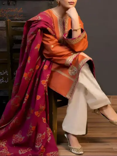 Women’s 3 Pcs Unstitched Orange Embroidered Dhanak Suit – Embroidered Shirt, Trouser & Digital Print Dupatta (Winter Wear)