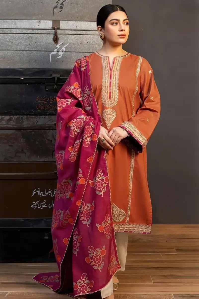 Women’s 3 Pcs Unstitched Orange Embroidered Dhanak Suit – Embroidered Shirt, Trouser & Digital Print Dupatta (Winter Wear)