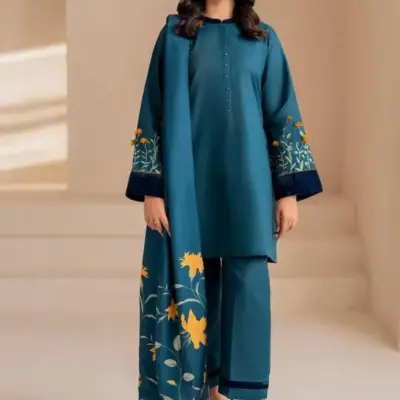 Women’s 3 Pcs Unstitched Blue Embroidered Dhanak Suit – Embroidered Shirt & Trouser with Digital Print Pashmina Dupatta (Winter Wear)