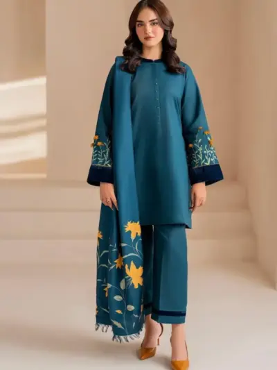 Women’s 3 Pcs Unstitched Blue Embroidered Dhanak Suit – Embroidered Shirt & Trouser with Digital Print Pashmina Dupatta (Winter Wear)