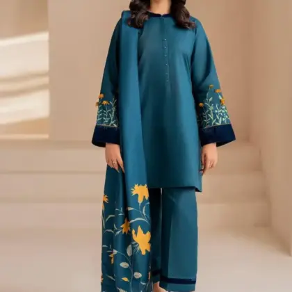 Women’s 3 Pcs Unstitched Blue Embroidered Dhanak Suit – Embroidered Shirt & Trouser with Digital Print Pashmina Dupatta (Winter Wear)