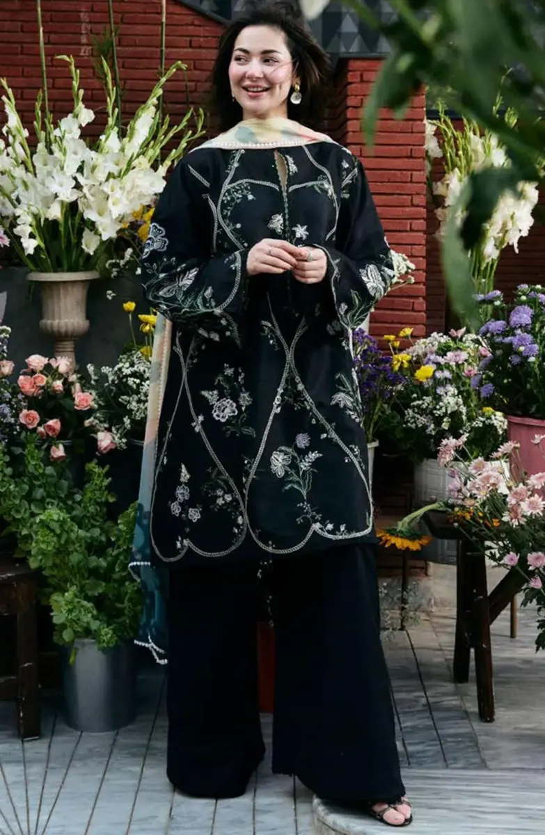 Women’s 3 Pcs Unstitched Embroidered Dhanak Suit with Digital Print Pashmina Dupatta – Black (3m Shirt, 2.25m Trouser & Dupatta)