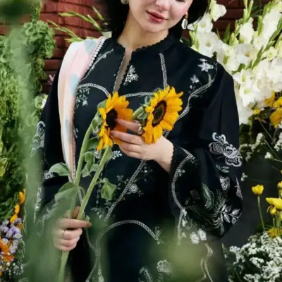 Women’s 3 Pcs Unstitched Embroidered Dhanak Suit with Digital Print Pashmina Dupatta – Black (3m Shirt, 2.25m Trouser & Dupatta)