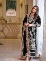 ANEELAS Women’s Black 3-Piece Unstitched Velvet Sequins Embroidered Suit with Dupatta – Luxury Festive Wear