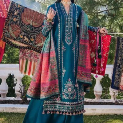 Hussain Rehar Women’s Blue 3-Piece Unstitched Dhanak Embroidered Suit with Pashmina Dupatta