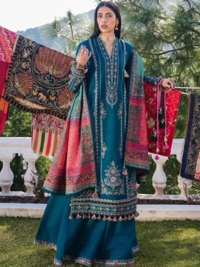 Hussain Rehar Women’s Blue 3-Piece Unstitched Dhanak Embroidered Suit with Pashmina Dupatta