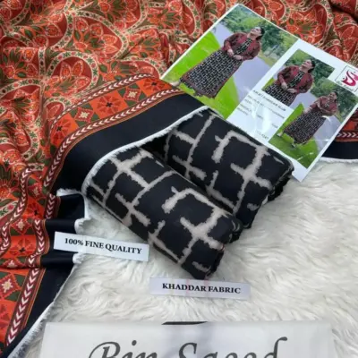 MIX BRAND Premium Khaddar 3 Pcs Women’s Unstitched Printed Suit – Shirt, Trouser & Dupatta (Black, Winter Wear)