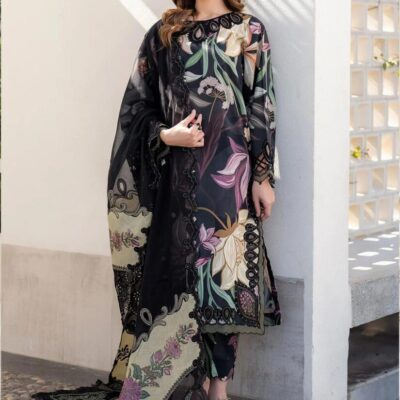 MIX Brand Women’s Premium 3-Piece Unstitched Printed Khaddar Suit – Black (Shirt 3m, Trouser & Dupatta 2.5m)