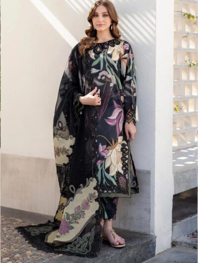 MIX Brand Women’s Premium 3-Piece Unstitched Printed Khaddar Suit – Black (Shirt 3m, Trouser & Dupatta 2.5m)
