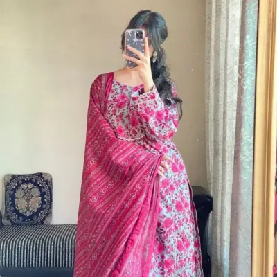 MIX BRAND Women’s Premium Khaddar 3 Pcs Unstitched Printed Suit – Printed Shirt, Trouser & Dupatta (Pink, Winter Wear)
