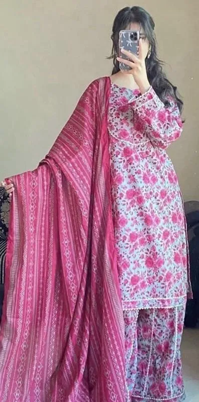 MIX BRAND Women’s Premium Khaddar 3 Pcs Unstitched Printed Suit – Printed Shirt, Trouser & Dupatta (Pink, Winter Wear)