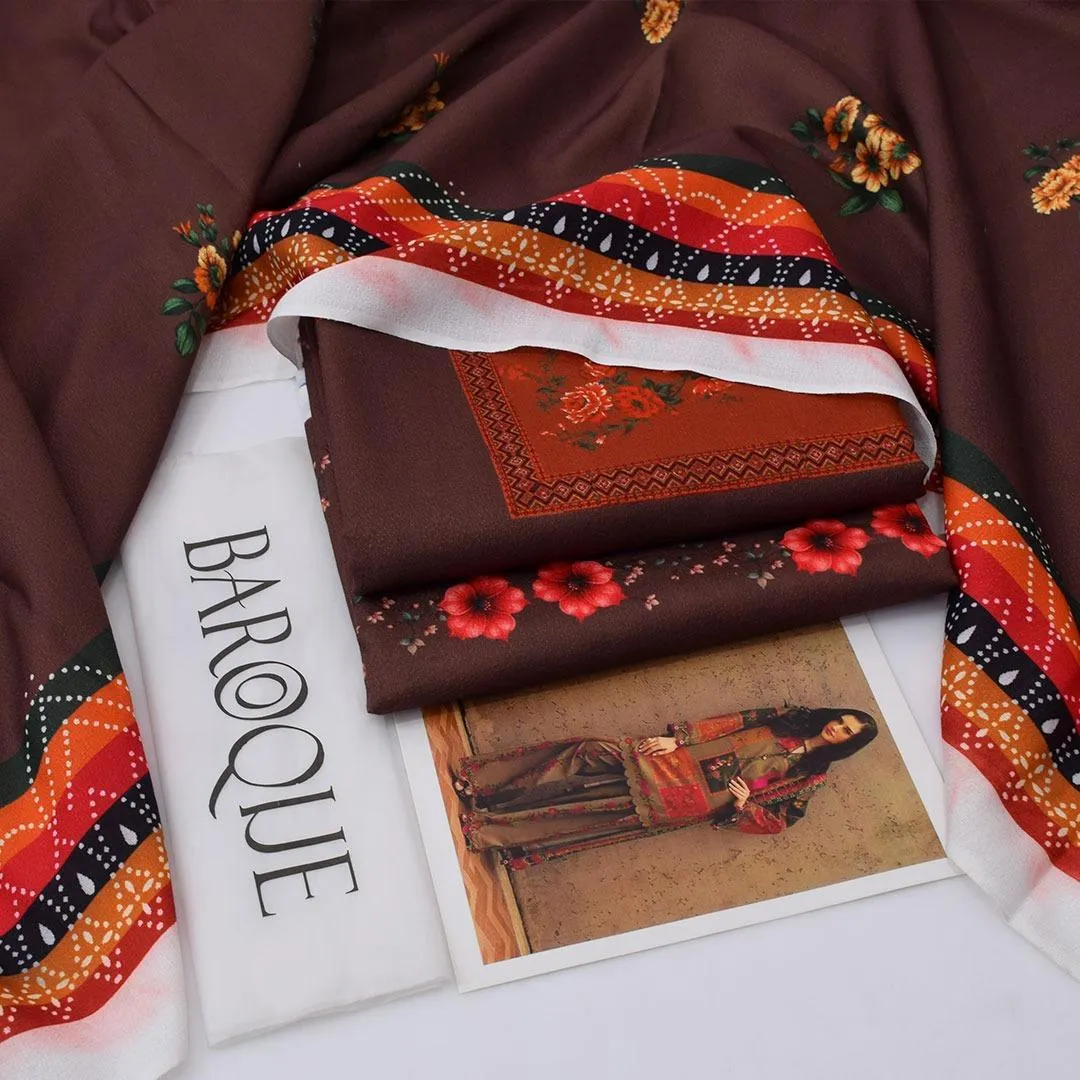 Karandi Most Hit Articles Women’s 3 Pcs Unstitched Digital Print Karandi Suit – Brown (Shirt 3m, Trouser & Dupatta 2.5 Gazz)