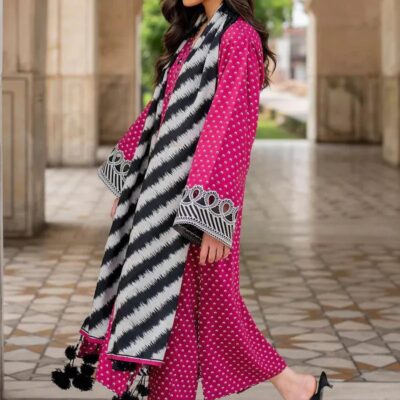 Karandi Most Hit Articles Women’s 3 Pcs Unstitched Digital Print Suit – Pink (Shirt, Trouser & Dupatta Set)