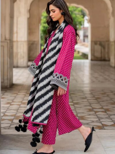 Karandi Most Hit Articles Women’s 3 Pcs Unstitched Digital Print Suit – Pink (Shirt, Trouser & Dupatta Set)