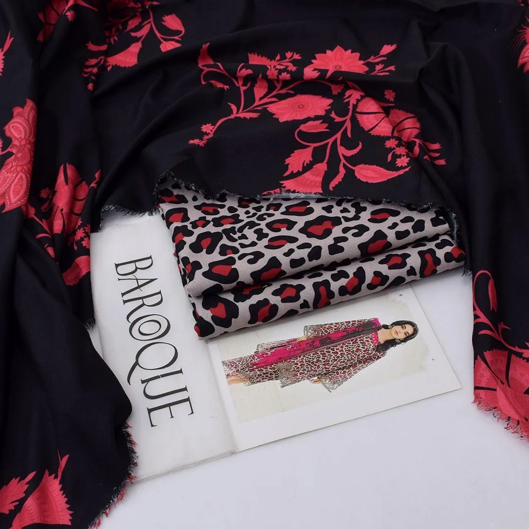 Women’s 3 Pcs Unstitched Digital Print Karandi Suit – Black | Shirt, Trouser & Dupatta (3m Shirt, 2.5 Gazz Trouser & Dupatta)