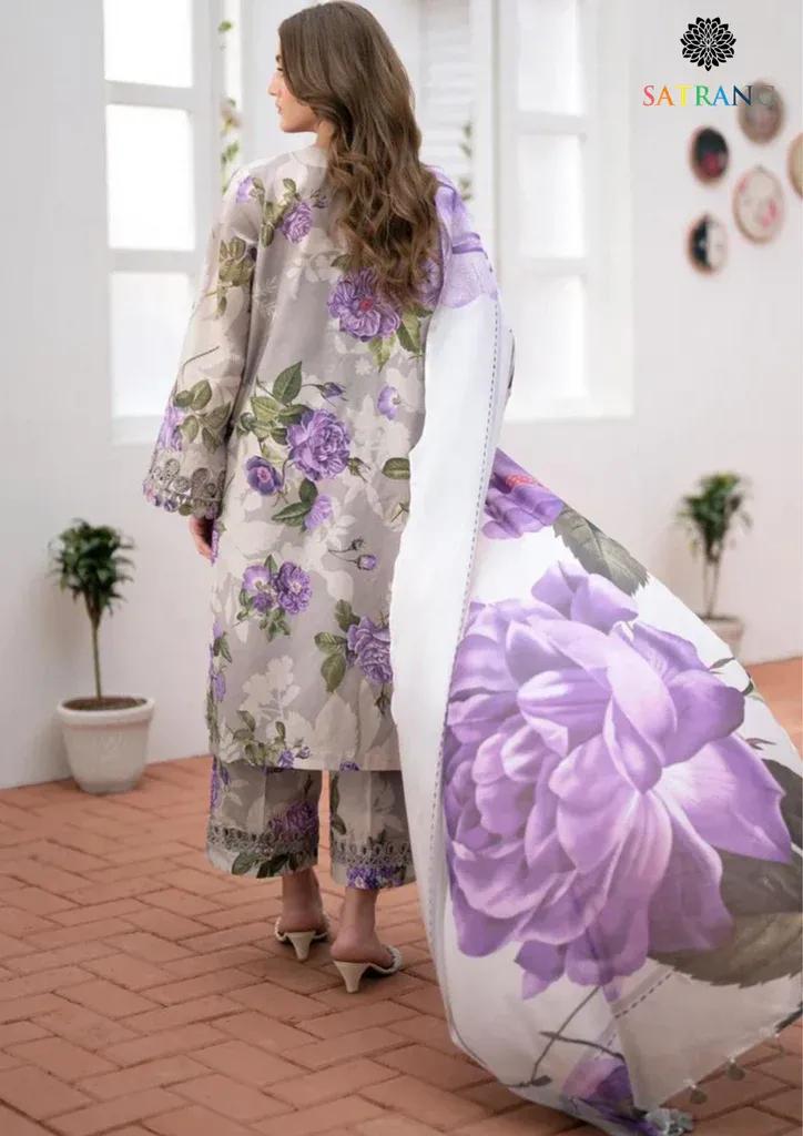 Women’s 3 Pcs Unstitched Digital Print Karandi Suit – Grey | Shirt, Trouser & Dupatta (3m Shirt, 2.5 Gazz Trouser & Dupatta)