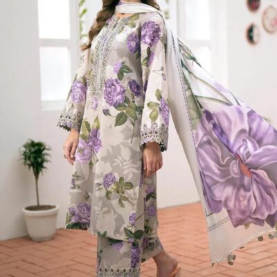 Women’s 3 Pcs Unstitched Digital Print Karandi Suit – Grey | Shirt, Trouser & Dupatta (3m Shirt, 2.5 Gazz Trouser & Dupatta)