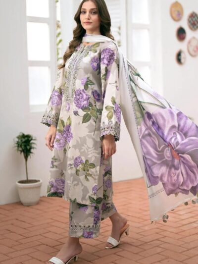 Women’s 3 Pcs Unstitched Digital Print Karandi Suit – Grey | Shirt, Trouser & Dupatta (3m Shirt, 2.5 Gazz Trouser & Dupatta)