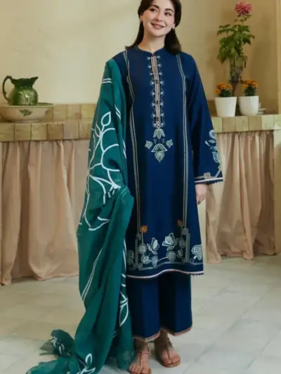 COCO by Zara Shahjahan Women’s 3 Pcs Unstitched Embroidered Dhanak Suit with Digital Print Pashmina Dupatta – Blue (3m Shirt, 2.5 Gazz Trouser & Dupatta)