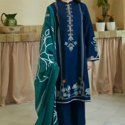 COCO by Zara Shahjahan Women’s 3 Pcs Unstitched Embroidered Dhanak Suit with Digital Print Pashmina Dupatta – Blue (3m Shirt, 2.5 Gazz Trouser & Dupatta)