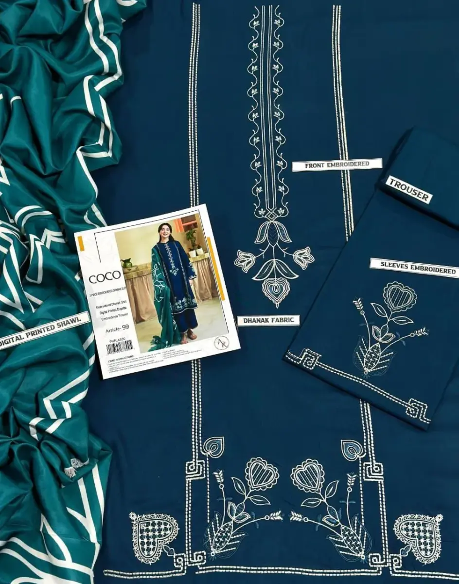 COCO by Zara Shahjahan Women’s 3 Pcs Unstitched Embroidered Dhanak Suit with Digital Print Pashmina Dupatta – Blue (3m Shirt, 2.5 Gazz Trouser & Dupatta)