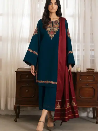 JAZMIN Women’s 3-Piece Unstitched Embroidered Dhanak Suit – Blue | Embroidered Shirt, Plain Trouser & Dupatta