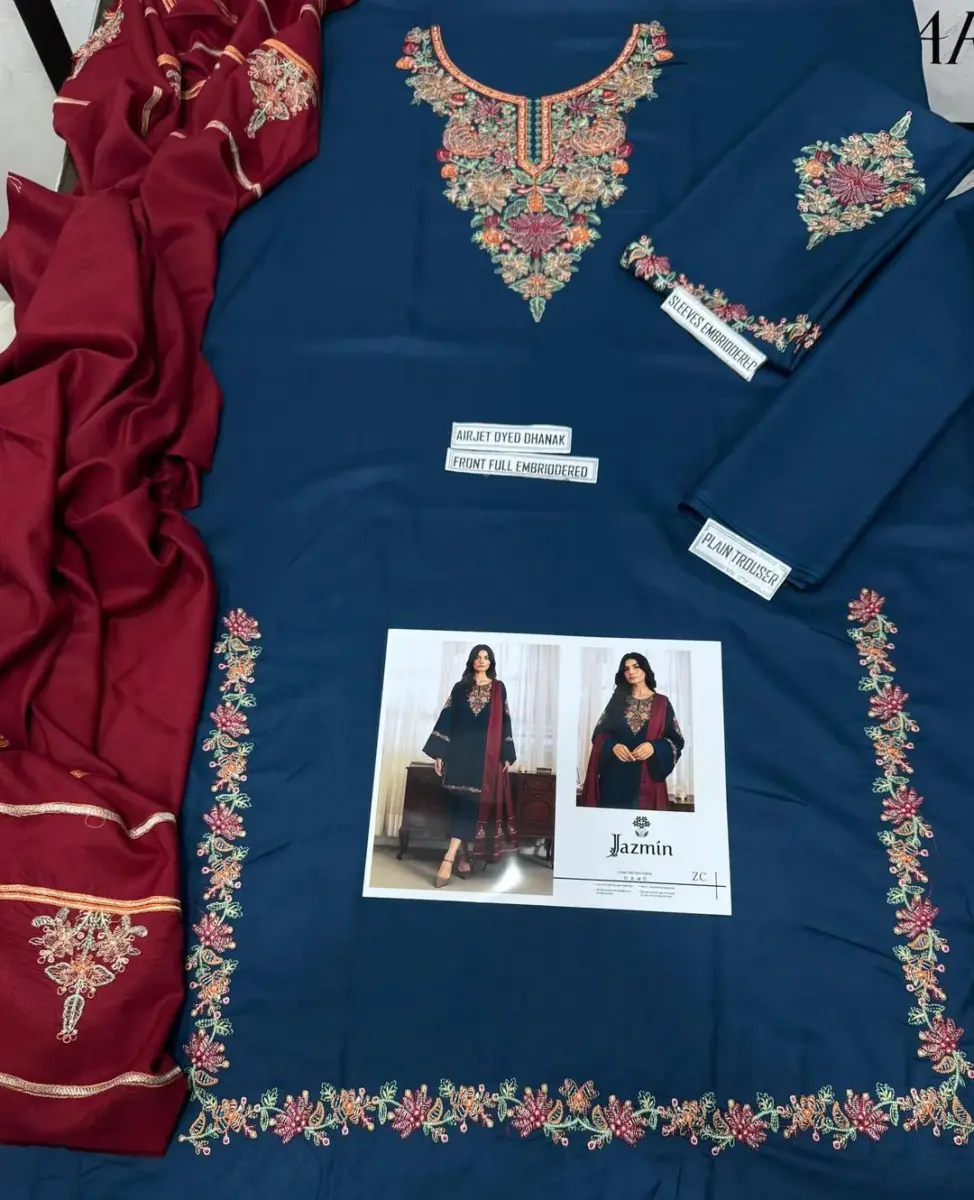 JAZMIN Women’s 3-Piece Unstitched Embroidered Dhanak Suit – Blue | Embroidered Shirt, Plain Trouser & Dupatta